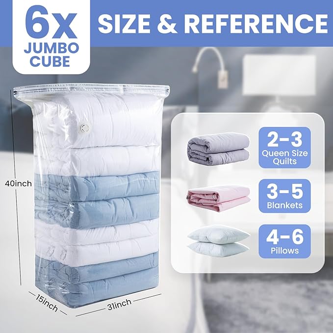 6 Pack Vacuum Storage Bags, Jumbo Cube 31x40x15 Inch, Extra Large Vacuum Seal Bgas for Comforters, Blankets, Pillow, Quilts, Space Saver Clost Oragnization-Clear-NeatNest