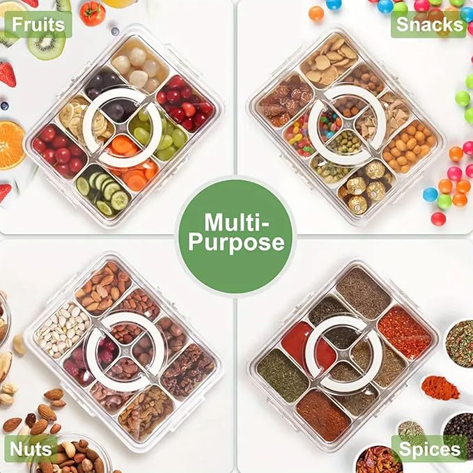 Food Storage Containers, 8 Compartment Snack Container with Dual Handles Reusable Divided Food Storage Boxes Fruit Serving Tray, Black