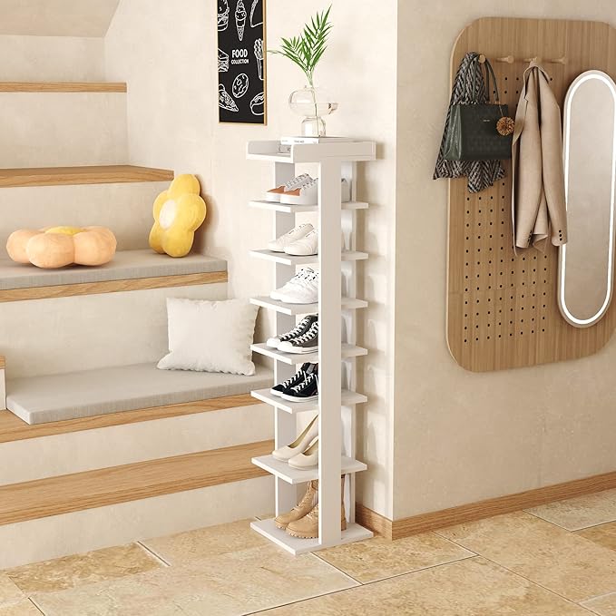 HOMEFORT 7-Tier Wood Shoe Rack, Entryway Shoe Tower,Vertical Shoe Organizer, Wooden Shoe Storage Stand, White-NeatNest