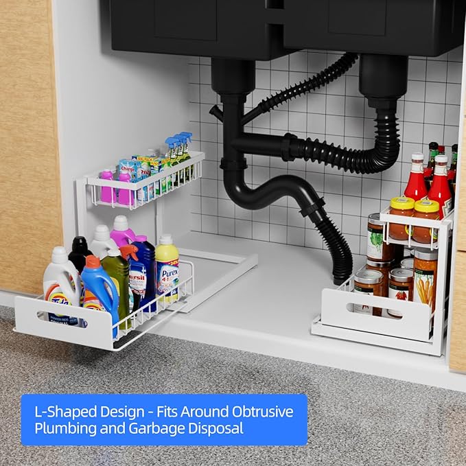 2-Tier Under Sink Slide Out Organizer, 2 Pack Pull Out Cabinet Storage Shelf with Sliding Wire Basket Drawer for Bathroom Kitchen, Countertop or Pantry Shelf, White-NeatNest