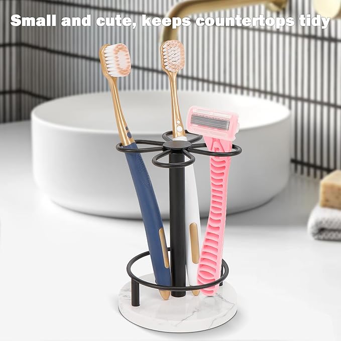 HarJue Toothbrush Holder Stand for Bathroom, Metal Toothbrush Organizer with Marble Base, Toothbrush Storage Collection for Family, Suitable for Home Hotel Countertop Vanity (Small, Matte Black)