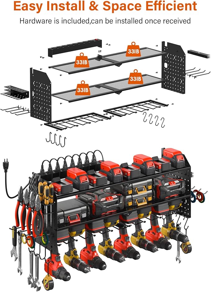 JUNNUJ Large Pegboard Power Tool Organizer with Charging Station, 8 Drills Driver and Tools Battery Holder Wall Mount with 8 Outlet 10 FT Power Strip, Black 3-Layer Shop Garage Storage Utility Rack