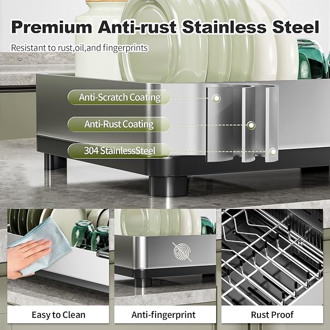 Dish Drying Rack, 304 Stainless Steel Dish Racks for Kitchen Counter, Compact Sink Dish Drainers with Drainboard & Utensil Holder, Space Saving Kitchen Organizer, Black