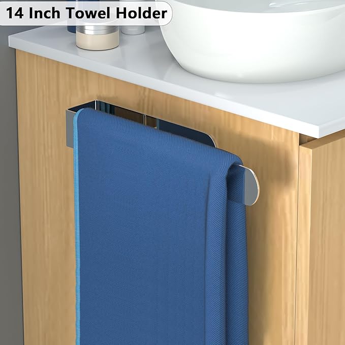 HUFEEOH Adhesive Hand Towel Holder, 8 Inch Sticky Towel Bar and 14 Inch Towel Holder Wall Mounted, Stainless Steel Kitchen Towel Holder Hand Towel Rack for Bahtroom Hotel RV (Polished Silver-8"&14”)