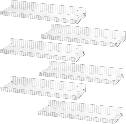 IEEK 6 PCS Clear Acrylic Shelf for Wall Storage,15 inch Floating Bookshelves for Kids, Vertical Striped Display Shelf with Anti Slip Baffle for Bathroom,Bedroom,Living Room,Kitchen Storage and Decor-NeatNest