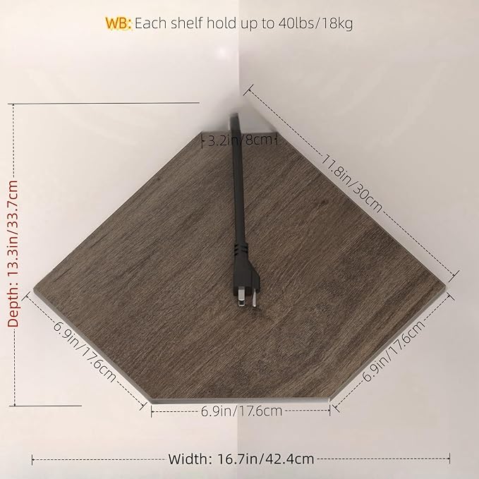 JJL Corner Shelf, 12 Inch Corner Shelf Wall Mounted with Wire Hole, 2 Tier 13.3 Inch Deep Wooden Corner Hanging Shelves for Wall Storage, for Speaker, Cable Box, Grey-NeatNest