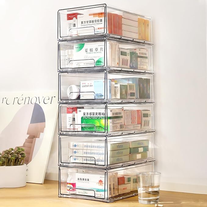 clear Drawer-Type Plastic Storage Box Bins Organizer，Family First Aid Kits Medicine cabinet Box Organizer,Closet ，Shelf，Ointments, Adhesive Bandages，Cosmetics,Office Items (clear, 6L)-NeatNest