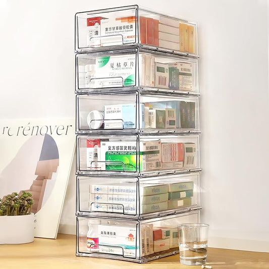 clear Drawer-Type Plastic Storage Box Bins Organizer，Family First Aid Kits Medicine cabinet Box Organizer,Closet ，Shelf，Ointments, Adhesive Bandages，Cosmetics,Office Items (clear, 6L)-NeatNest
