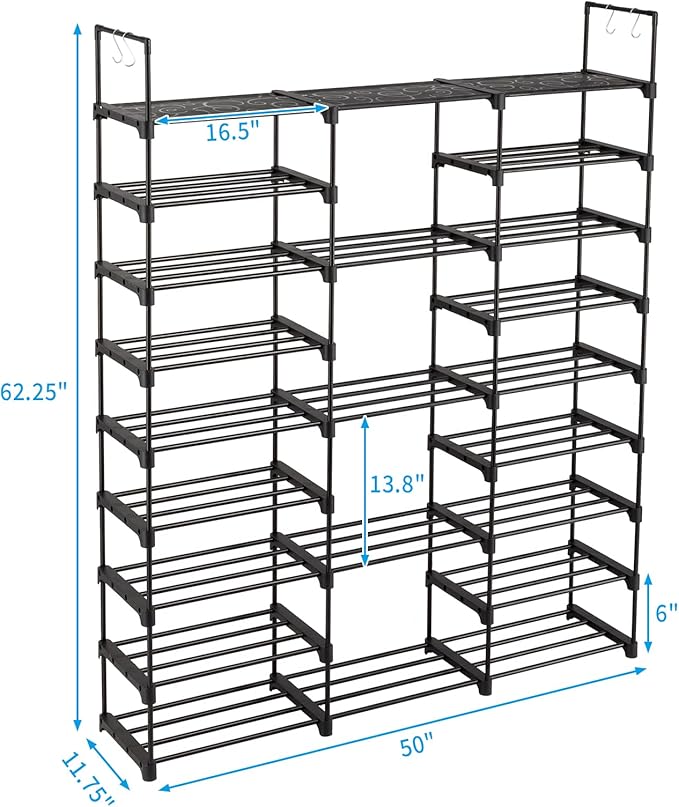 9-Tier Tall Shoe Rack - Free Standing Shoe Shelf Organizer - Large Metal Closet Organizer with Hooks - Stackable Stand for Bedroom Entryway - Holds Up to 55 Pairs of Shoes-Black-NeatNest