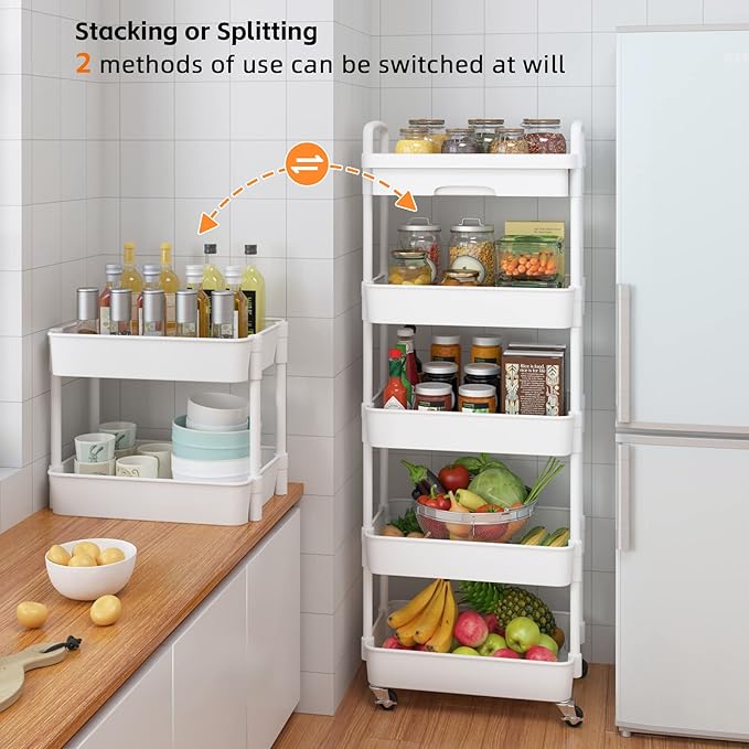 Calmootey 5-Tier Rolling Utility Cart with Drawer,Multifunctional Storage Organizer with Plastic Shelf & Metal Wheels,Storage Cart for Kitchen,Bathroom,Living Room,Office,White-NeatNest