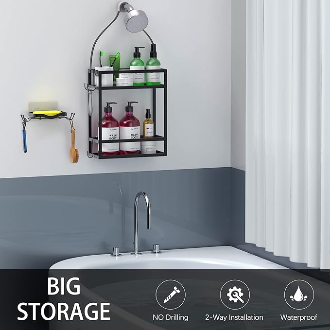Meangood Shower Caddy Organizer with Soap Holder,Mounting Over Shower Head Or Door,Extra Wide Space for Shampoo, Conditioner, and Soap with Hooks for Razorsand More, Matte Black