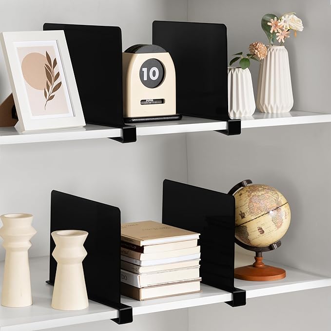 HBlife 8 Pack Black Shelf Dividers, Vertical Purse Organizer for Closet Perfect for Sweater, Shirts, Handbags in Bedroom and Kitchen, Adjustable Acrylic Bookshelf for Organization-NeatNest