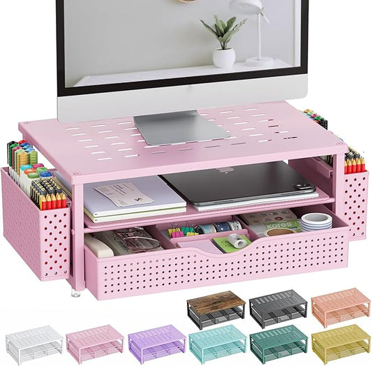 gianotter Desk Organizers and Accessories, Monitor Stand with Drawer and 2 Pen Holder, Desktop Organizer Suitable for Offices and Dormitories (Pink)-NeatNest