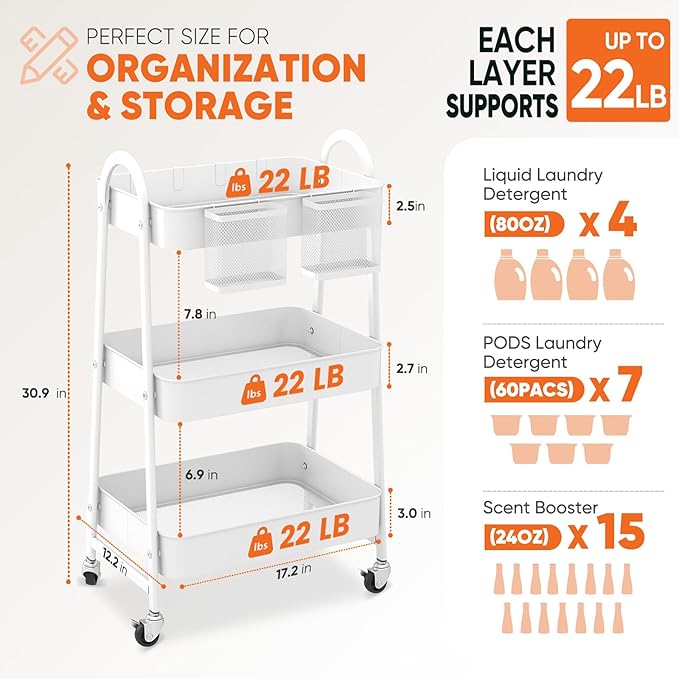 Sekey 3 Tier Rolling Cart Metal, Easy Install Utility Cart on Wheels, Hanging Cups & Hooks, Heavy Duty Storage Cart with Lockable Wheels for Baby Nursery, Bathroom, Kitchen, Laundry Room, White