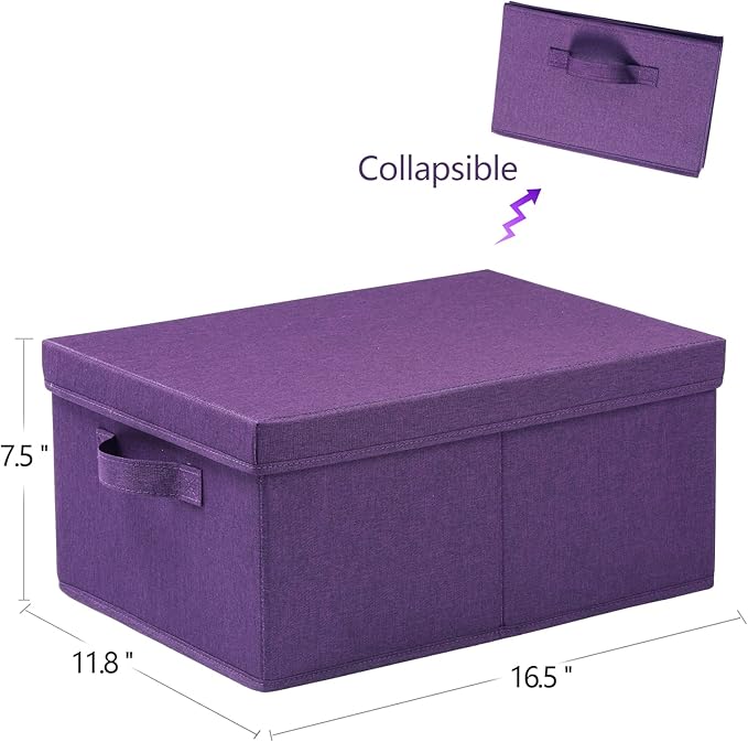 HOONEX Storage Bins with Lids for Organizing, Pack of 2, Storage Boxes with 2 Carry Handles and Sturdy Heavy Cardboard, 16.5" L x 11.8" W x 7.5" H for Shoes, Books, Clothes, Nursery, Dark Purple-NeatNest