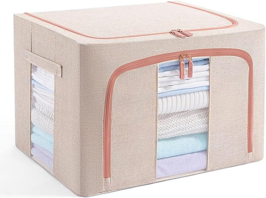 100L Stackable Clothes Storage Bins with Metal Frame Handles & Zipper, Collapsible Closet Organizer Box with Lid for Bedding Blankets Towel (Beige,1 pack)-NeatNest