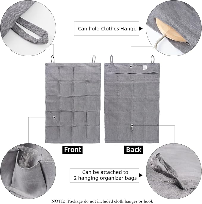 100% Linen Hanging Storage Bag with 20 Pockets, Wall Hang Over The Door Closet Organizer for Socks Underpants, Gray