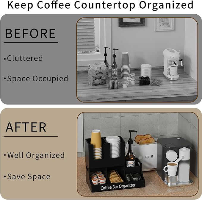Coffee Station Organizer, Wooden Coffee Bar Organizer for Countertop, Condiment and Cup Storage Organizer, Bar Accessories for Kitchen, Office, Home, Small Black-NeatNest