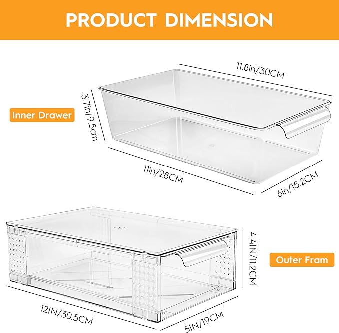 2 Pack Clear Stackable Storage Drawers, 3.95" H Easily Assemble Acrylic Organizer Bins - Multi-Use for Make up, Closet, Pantry, Bathroom, Medicine, Kitchen Cabinet & Undersink Organization-NeatNest