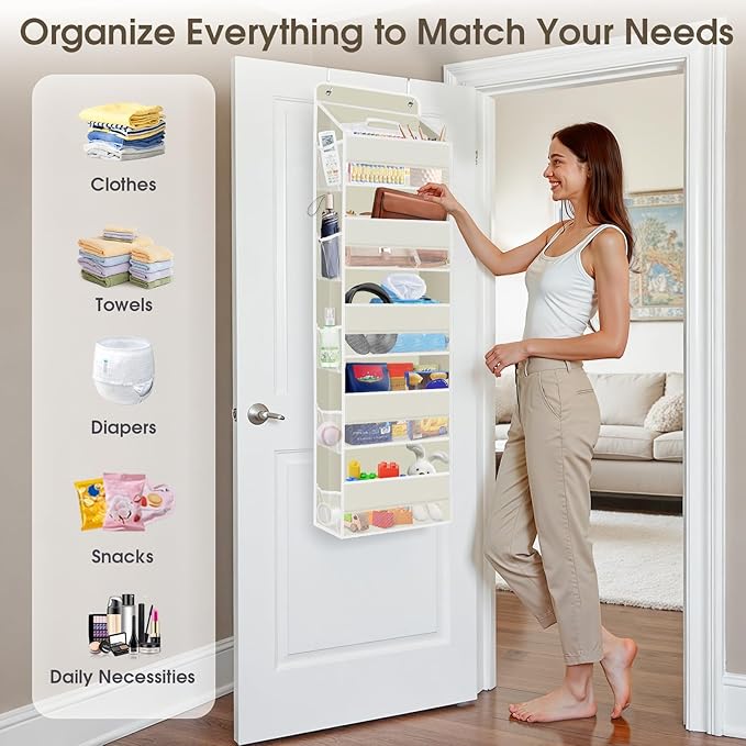 1 Pack Over The Door Organizer, Hanging Storage Organizer with Clear Window, 40lb Ultra Sturdy Large Capacity Room Organizer for Pantry Bathroom Nursery Closet Baby Essential (Beige)-NeatNest