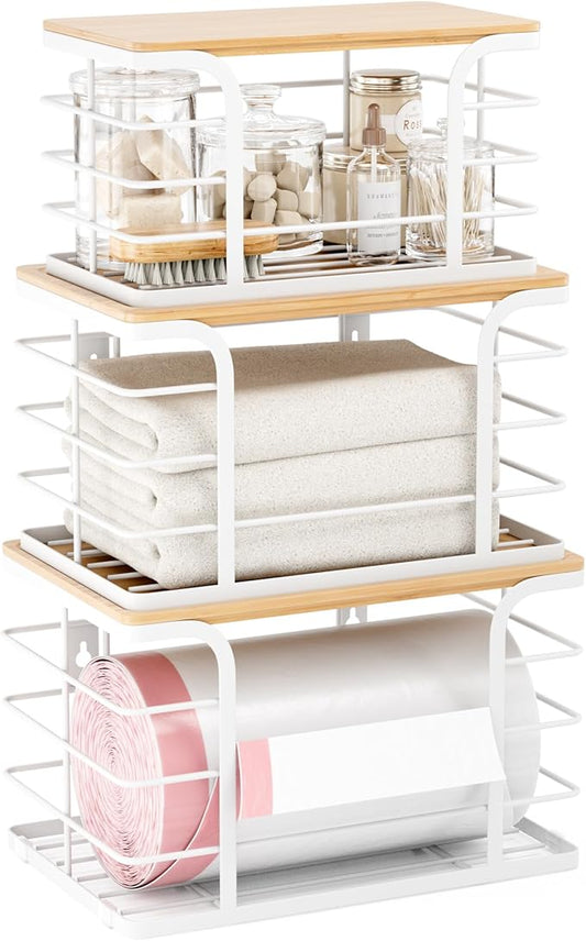 3 Pack Stackable Pantry Organizer,Stainless Steel Trash Bag Holder Dispenser,Kitchen Storage Organization for Kitchen Counter Sink,Laundry Room,Pantry, White-NeatNest