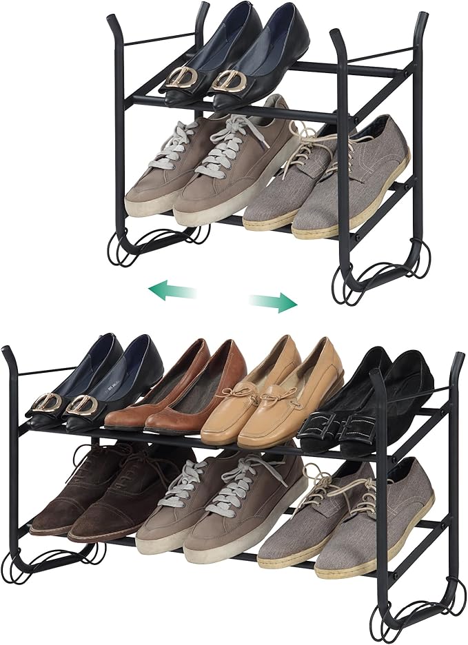 SunnyPoint Expandable & Stackable 2-Tier Shoe Rack – Adjustable Shoe Organizer for Entryway, Closet or Bedroom, Holds 4 to 8 Pairs, Space-Saving Metal Shoe Storage Shelf (17.5"–31.49" W) (BLK, 2 Tier)-NeatNest