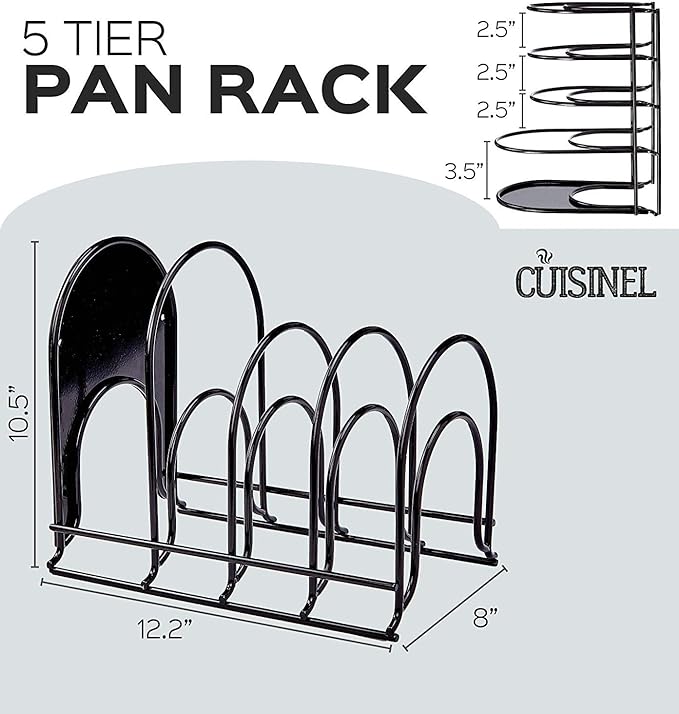 Cuisinel Heavy Duty Pots and Pans Organizer Rack - 12.2"-Inch Tall - 5 Tier Rack - Holds 50 LB - Cast Iron Skillets, Griddles, Shallow Cookware - Space Saving Kitchen Storage - No Assembly Required-NeatNest