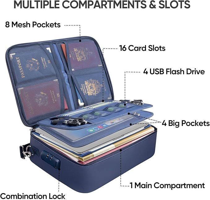 BALEINE Fireproof Document Box with Lock, Portable Fireproof Document Bag Waterproof Fire Proof File Boxes for Documents, File Organizer Box for Important Paperwork (Blue, 15''x11''x4'')