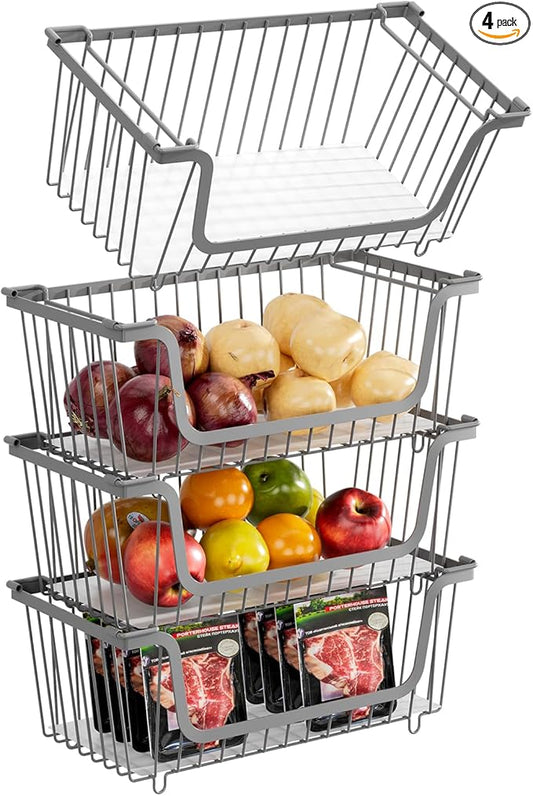 4 Pcs Stackable Wire Baskets for Pantry Organizers and Storage,Vegetable Fruit Basket for Countertop,Kitchen Storage Metal Baskets,Produce Potato Onion Storage Bin,Gray