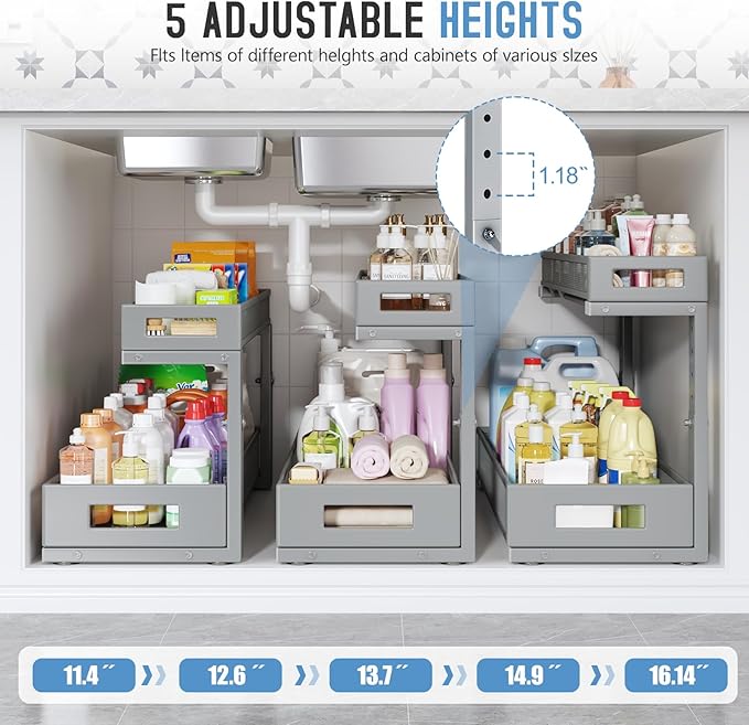 1 Pack 20.47IN Depth Under Sink Storage Organizer, Large 2-Tier Elegant Mesh Pull Out Shelf for Kitchen and Bathroom Cabinet Organization, L-Shaped and Adjustable Height Design-Gun Gray-NeatNest