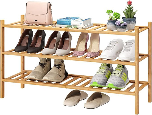 3-Tier Long Shoe Rack, Bamboo Wood Shoe Rack for Closet, Entryway & Hallway, Stackable | Beautiful | Functional | Sturdy-NeatNest