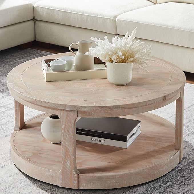 Coffee Table Round Wood Oak 40" Coffee Tables for Living Room Modern Circle Center 2-Tier Solid Desktop Minimalistic Design Accent with Shelf Storage Home Furniture Apartment Office Easy to Assemble-NeatNest