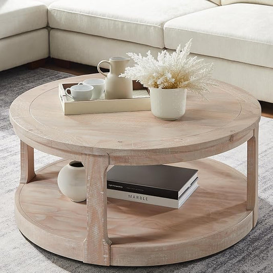 Coffee Table Round Wood Oak 40" Coffee Tables for Living Room Modern Circle Center 2-Tier Solid Desktop Minimalistic Design Accent with Shelf Storage Home Furniture Apartment Office Easy to Assemble-NeatNest