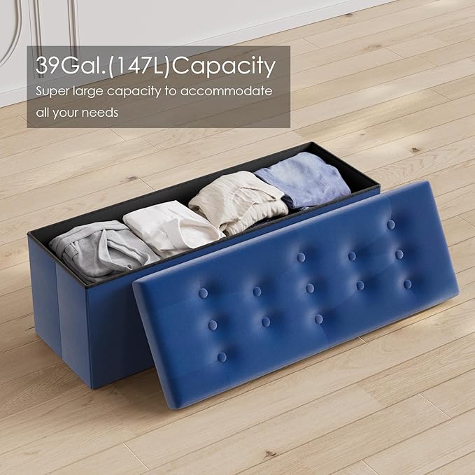 PRANDOM Jumbo Ottoman with Storage [1-Pack] Velvet Folding Small Square Foot Stool with Lid for Living Room Bedroom Coffee Table Dorm Royal Blue 43x15x15 inches-NeatNest