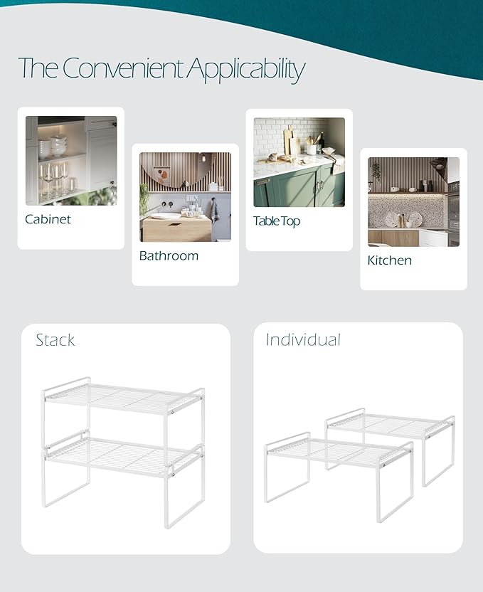 2Pack Kitchen Cabinet Shelf Counter Organizer Rack Pantry Storage Bathroom Bedroom Office Table Desk Space Saving Stackable Rust Resistant Non Slip White Wide L16.1in W10.6in H7.3in-NeatNest