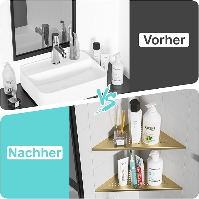 Corner Shower Shelves, 10” Recessed Tile Shower Shelf Brushed Golden, 304 Stainless Steel Grout in Corner Tile Shower Shelves, No Drilling, 2 Pack-NeatNest