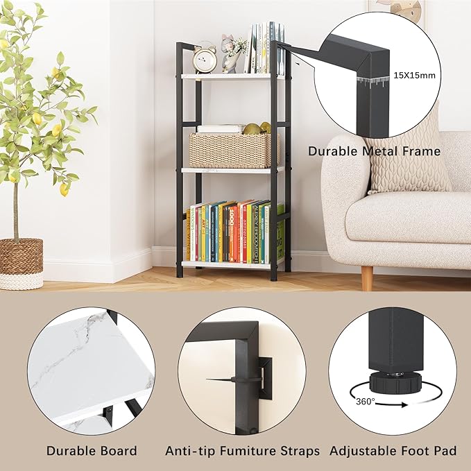 Bookshelf Storage Shelf Bookcase, 3 Tier Industrial Bookcase,Small Book case for Living Room, Bedroom, and Home Office, Easy Assembly Free Combination Multi-Functional Organizer(3 Tier,White Marble)-NeatNest