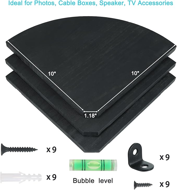 Corner Wall Shelves, Wood Corner Floating Shelves with Cable Raceway, Wall Mount Storage Display for TV Accessories, Monitor, Speaker, Cable Box, Game Console (Black, Fan-Shaped- 10 Inch)-NeatNest