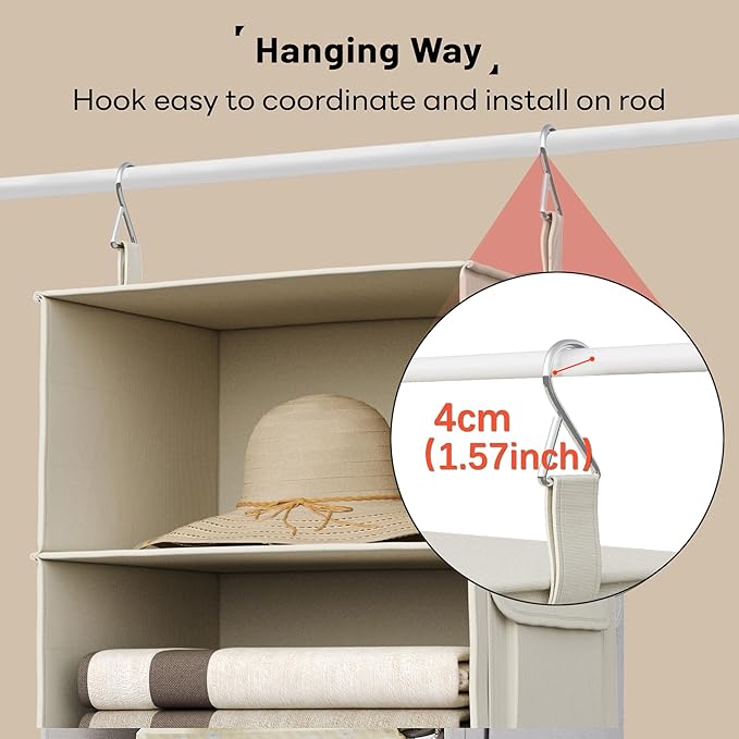 Vailando 3-Shelf Hanging Closet Organizer, Set of 2 Hanging Shelves with 2 Drawers for Wardrobe, Nursery, Baby Clothes Storage and Organization, Beige-NeatNest