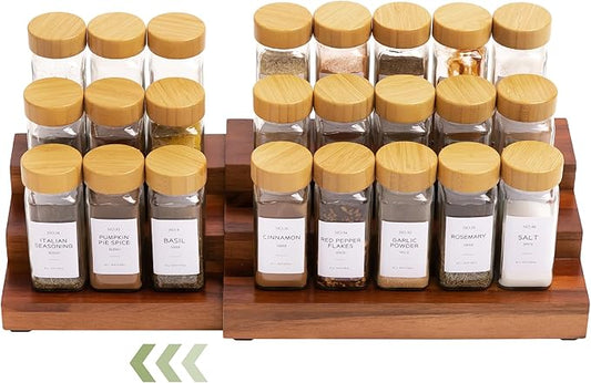 Expandable Spice Rack Organizer for Cabinet, 3-Tier Shelf for Spice Organization (11” to 22”), Fits 36 Spice Jars, Seasoning and Pantry Storage, Non-Slip Feet, 100% Acacia Wood