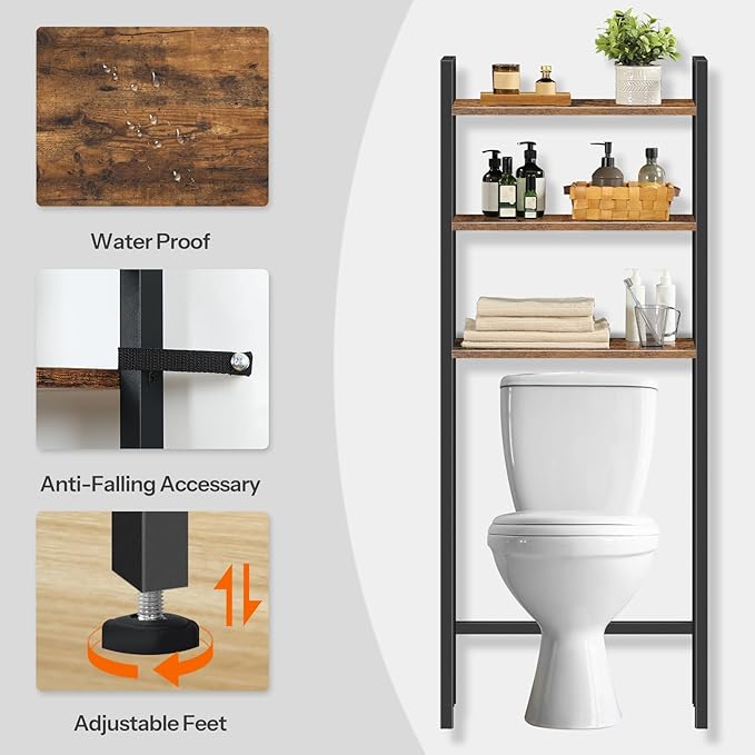 HOOBRO Over-The-Toilet Storage, 3-Tier Bathroom Organizer Over Toilet, Wooden Bathroom Shelves, Space Saver, Freestanding Storage Shelf, Easy to Assemble, Rustic Brown and Black BF41TS01