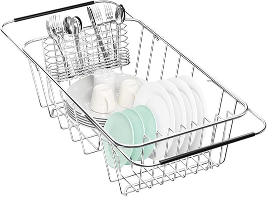 Small Dish Drainer Rack in Sink Adjustable, Expandable Stainless Steel Metal Dish Drying Rack Organizer with Stainless Steel Utensil Holder Over Inside Sink Counter, Rustproof(for 1-2 People)