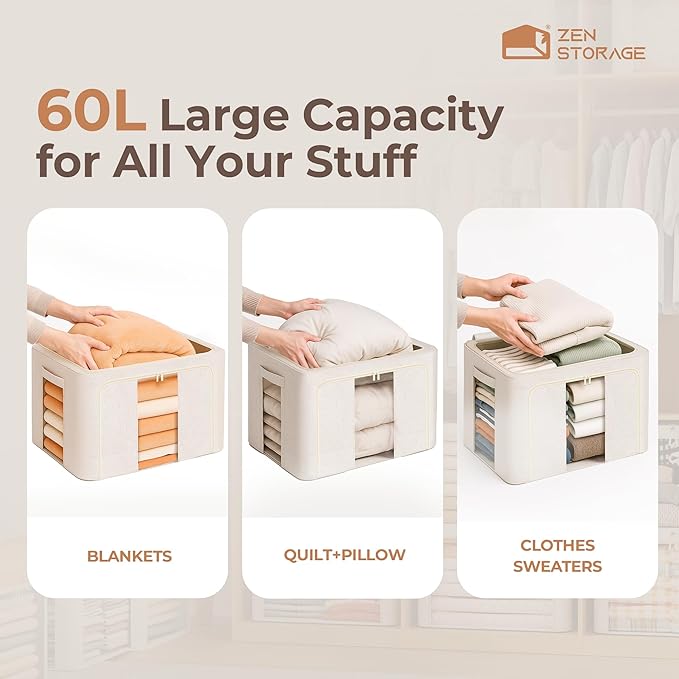 3Pack 60L Large Cloth Storage Bins with Metal Frame, Linen Storage Box with Clear Window, Stackable Sweater Storage for Closet, Clothes Containers for Comforters, Blankets, Quilts, T-shirt-NeatNest