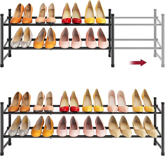 Tajsoon Expandable Shoe Rack for Closet 2 Tier, 28“-41“ Adjustable & Stackable Shoe Shelf Storage, Metal Shoe Rack Organizer for Front Door Entrance, Closet, Garage, Entryway, Black-NeatNest