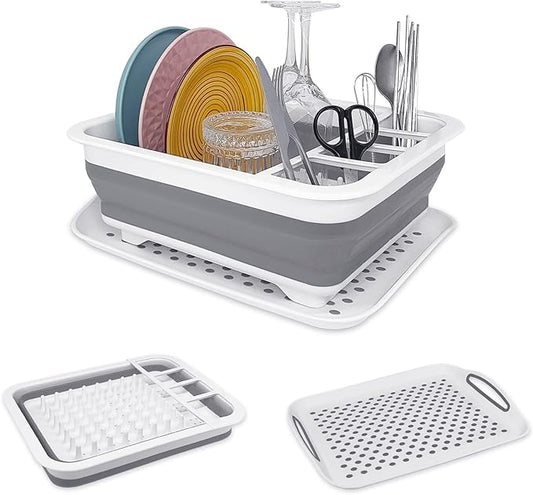 Collapsible Dish Rack with Drainboard for Drying Dishes - Space-Saving Foldable Design with Dinnerware Storage Tray/Basket - Perfect for Kitchen Counter Organization-NeatNest
