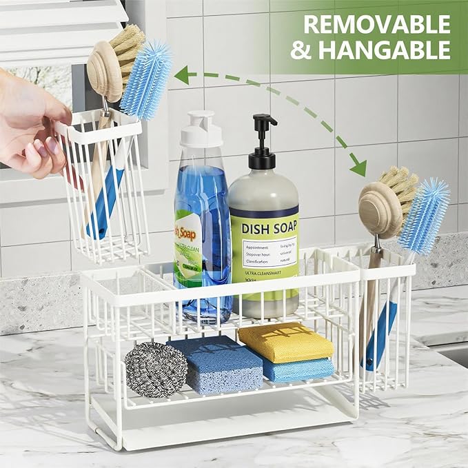 Cisily White 2-Tier Kitchen Sink Caddy Organzier Rack with Flexible Dish Brush Holder, Sponge Holder for Kitchen Sink Countertop Organization Storage,Home Decor Accessories-NeatNest