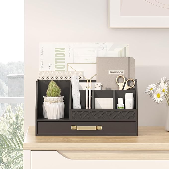 Bamboo Desk Organizer with Drawers, Mail Organizer Countertop Wood Desk Drawer Tabletop Storage Organization Pen Holder Letter Sorter Makeup Organizer for School Home Office (Black)-NeatNest