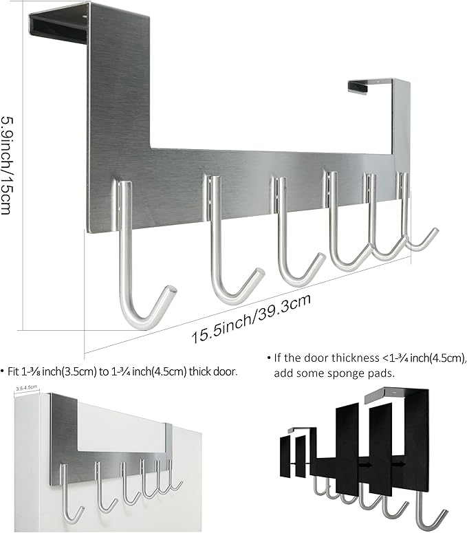 WEBI Over The Door Hooks Door Hanger,Over The Door Towel Rack with 6 Hooks for Hanging,Over Door Coat Rack for Clothes,Back of Bathroom,Brushed Nickel,2 Packs
