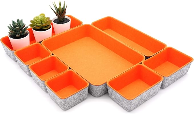 Welaxy desk drawer organizers bin trays dividers small shallow felt storage box soft sturdy office suppliers closet cabinet makeup crafts pens 8-piece back to school (Orange)-NeatNest