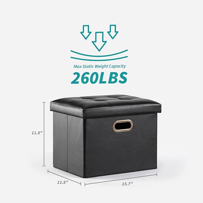 2 Pack Folding Storage Ottoman, 16 inch PU Leather Small Ottoman with Storage Foldable, Set of 2 Faux Leather Foot Stool Support 260lbs for Living Room, Bedroom, Hallway, Black